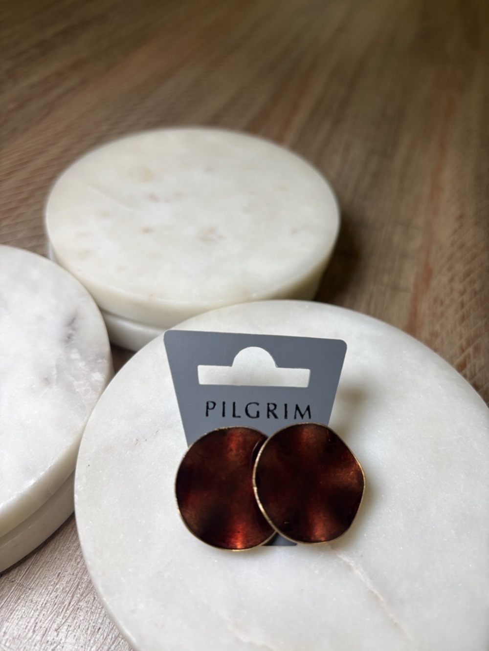 (#123) Pilgrim Tortoiseshell Brown Round Stud Earrings with Gold Trim